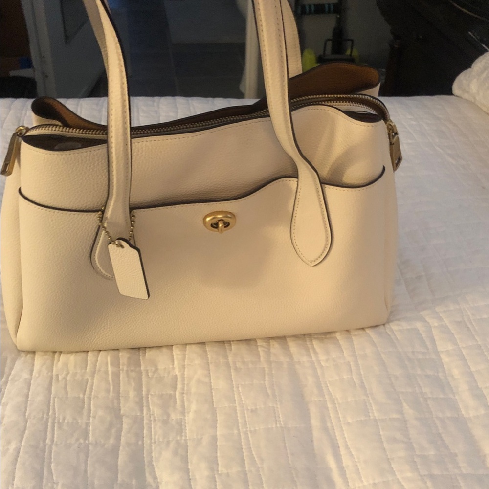 Coach Cream Pebbled Leather Shoulder Bag with Gold Hardware